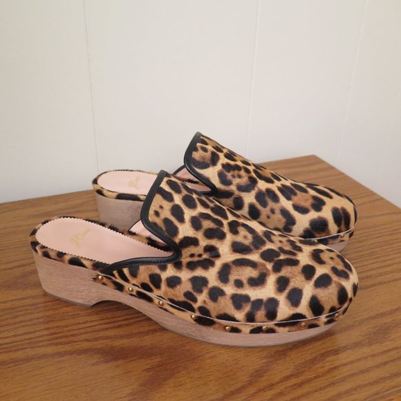 J. Crew Calf Hair Leopard print wooden clogs, size 10 - Picture 1 of 3